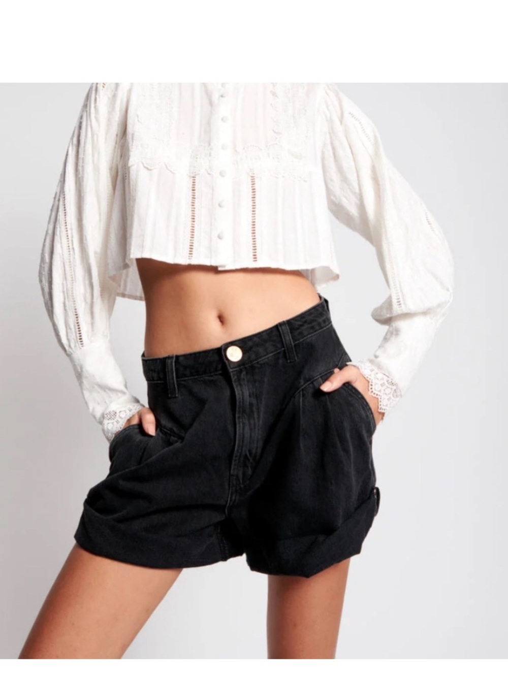 One Teaspoon Black High-Rise Rolled Cuff Denim Shorts